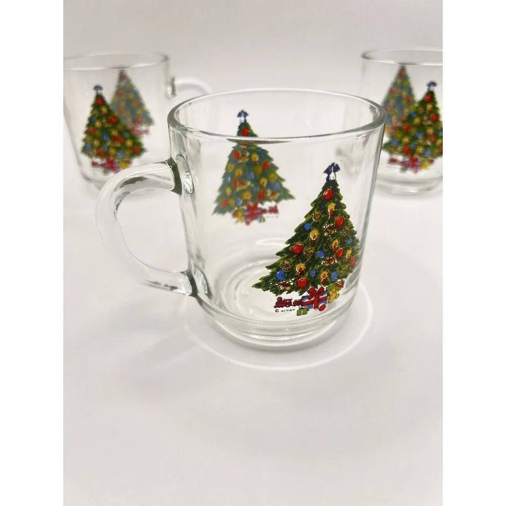 1989. 4 Mugs Carlton Glass Christmas Treasure Decorated Tree Design 3.5